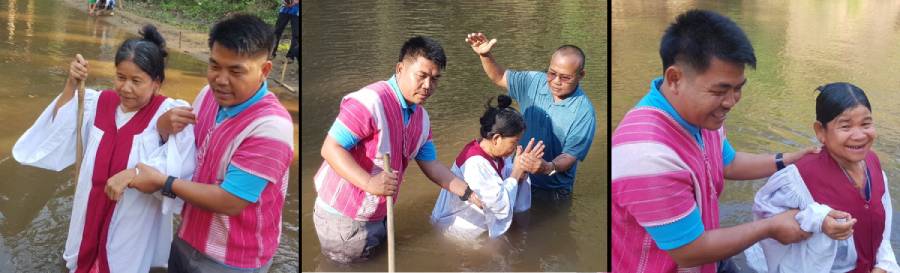 This Karen woman, a new believer from Sop Moei, had been ill and could hardly walk, but wanted to be baptized. The smile on her face says it all. NHM evangelist and pastor Chakrapong performed the baptism celebration.