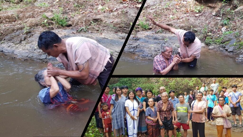 Sukchai baptizing new Mae Po and Mai Ka Tai believers (left and top right). Mae Po Bible class attendees and family members of new believers (bottom right). 