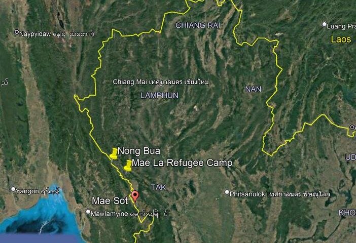 Nong Bua Bible School and Mae La Refugee Camp shown on Western border of Thailand just north of Mae Sot.