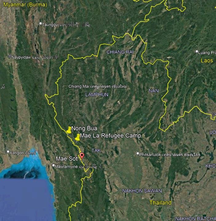 Nong Bua Bible School and Mae La Refugee Camp shown on Western border of Thailand just north of Mae Sot. 