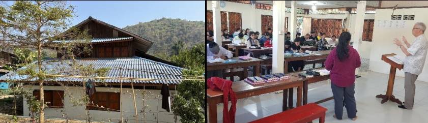 The Student Center is the left photo.  Pastor Ron Oholendt (right) is teaching with the help of an interpreter. 